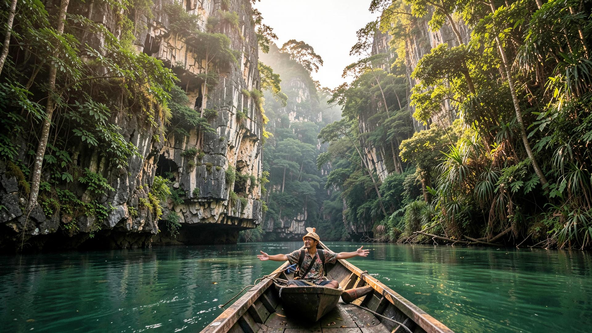 Traveller on a longtail boat between jungle cliffs